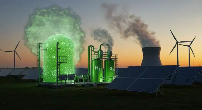 Modern green hydrogen production facility with renewable energy sources in the U.S.