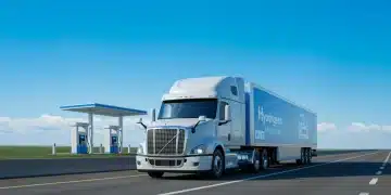 Hydrogen fuel cell semi-truck on U.S. highway with refueling station.