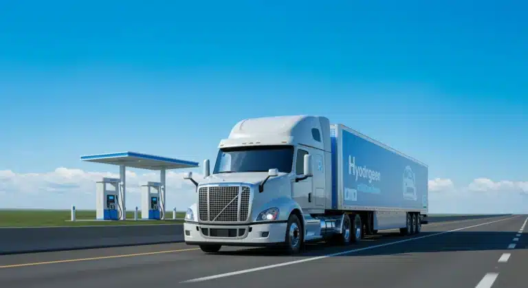 Hydrogen fuel cell semi-truck on U.S. highway with refueling station.