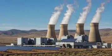 Modern geothermal power plant with integrated solar panels under a clear sky in the U.S.
