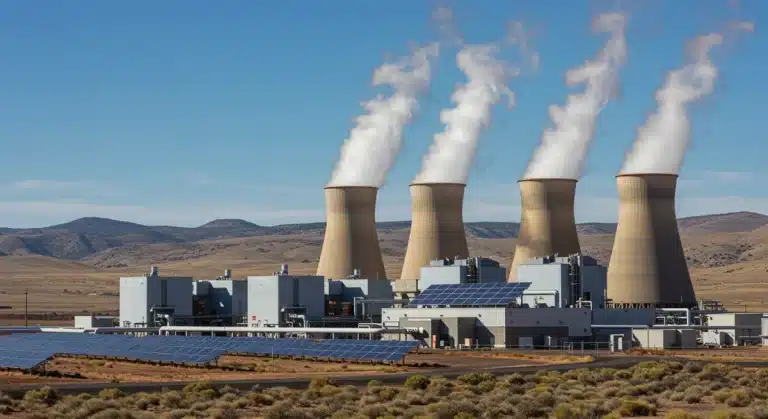 Modern geothermal power plant with integrated solar panels under a clear sky in the U.S.
