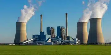 Modern biomass-to-energy plant with steam, green fields, and clear sky in the US
