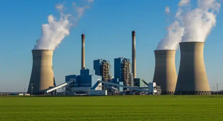 Modern biomass-to-energy plant with steam, green fields, and clear sky in the US