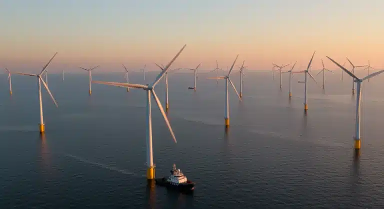 Offshore wind farm at sunrise, symbolizing clean energy investment