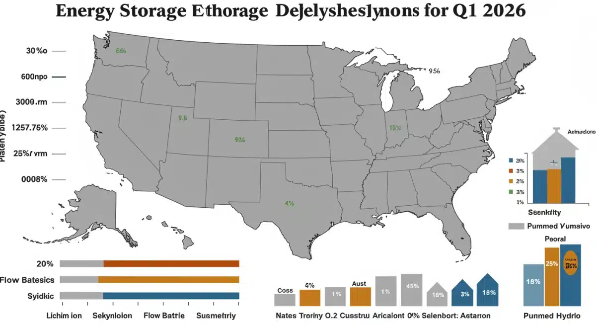 Infographic detailing Q1 2026 US energy storage deployment breakdown by technology and region, showing market share.