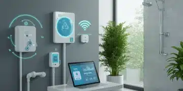 Smart home interior with water-saving devices and lush plants