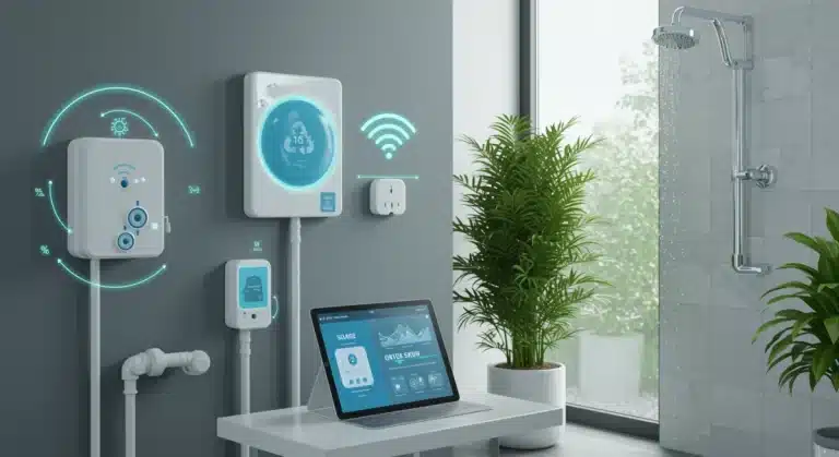 Smart home interior with water-saving devices and lush plants