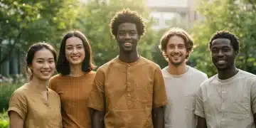 Diverse young adults in stylish sustainable fashion in an urban garden 2026