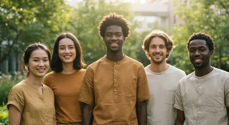 Diverse young adults in stylish sustainable fashion in an urban garden 2026