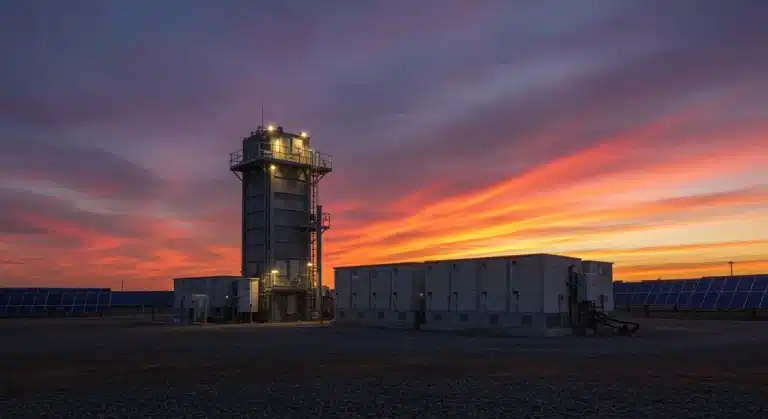 Advanced energy storage facility in the US, depicting large-scale battery systems and renewable integration at sunrise.