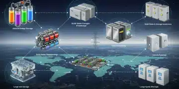 Illustration of diverse emerging energy storage technologies like flow batteries, solid-state, hydrogen, and thermal storage integrated into a modern energy grid.