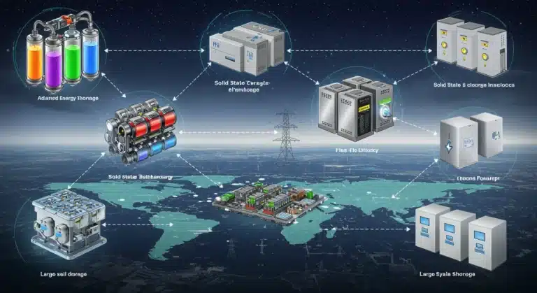 Illustration of diverse emerging energy storage technologies like flow batteries, solid-state, hydrogen, and thermal storage integrated into a modern energy grid.