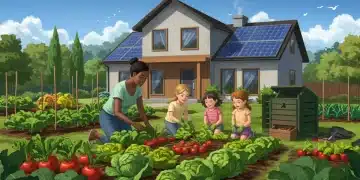 Family gardening in an eco-friendly home, promoting sustainable living and a lower environmental impact.