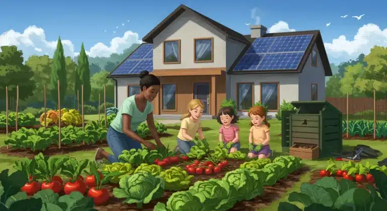 Family gardening in an eco-friendly home, promoting sustainable living and a lower environmental impact.