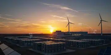 Futuristic clean energy storage facility with advanced battery arrays, wind turbines, and solar panels
