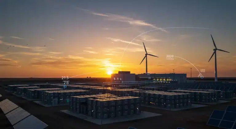 Futuristic clean energy storage facility with advanced battery arrays, wind turbines, and solar panels