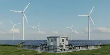 Large-scale battery energy storage system facility connected to wind and solar farms.