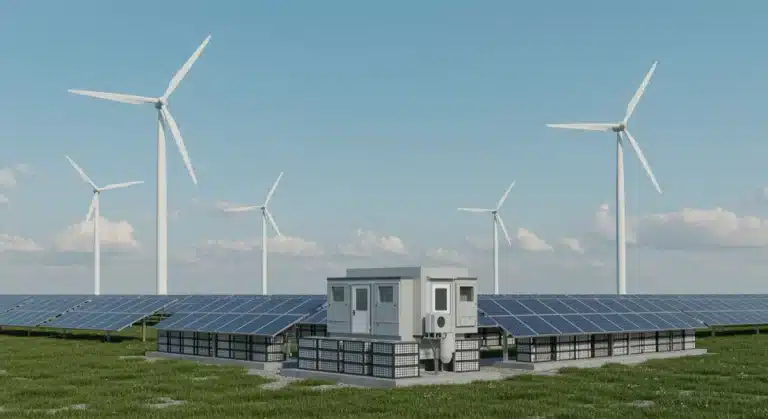 Large-scale battery energy storage system facility connected to wind and solar farms.