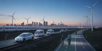 Futuristic skyline with electric cars, high-speed trains, and cyclists promoting sustainable travel.