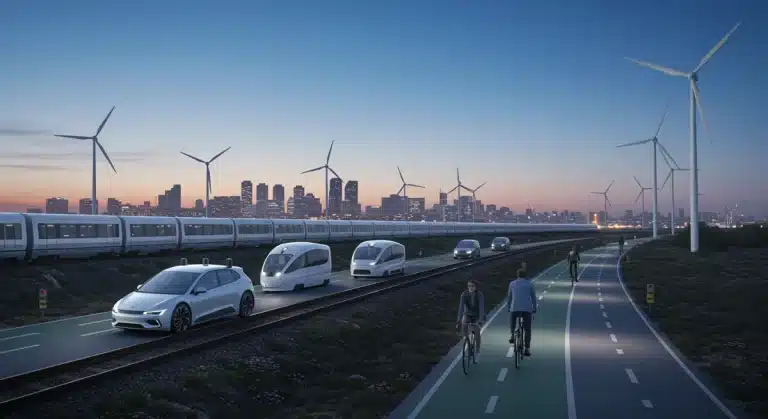 Futuristic skyline with electric cars, high-speed trains, and cyclists promoting sustainable travel.