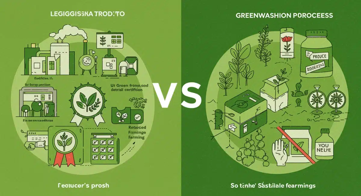 Comparison between genuine green certification processes and misleading greenwashing tactics.
