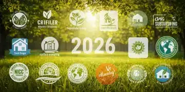 Collection of green certification labels and eco-friendly symbols, representing sustainable product choices in 2026.