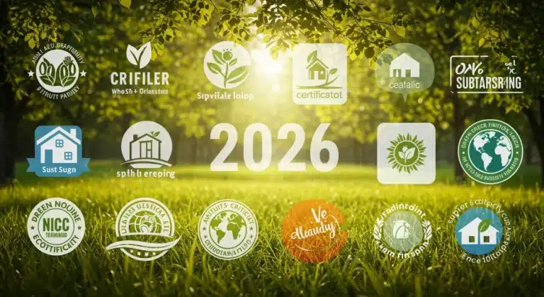 Collection of green certification labels and eco-friendly symbols, representing sustainable product choices in 2026.