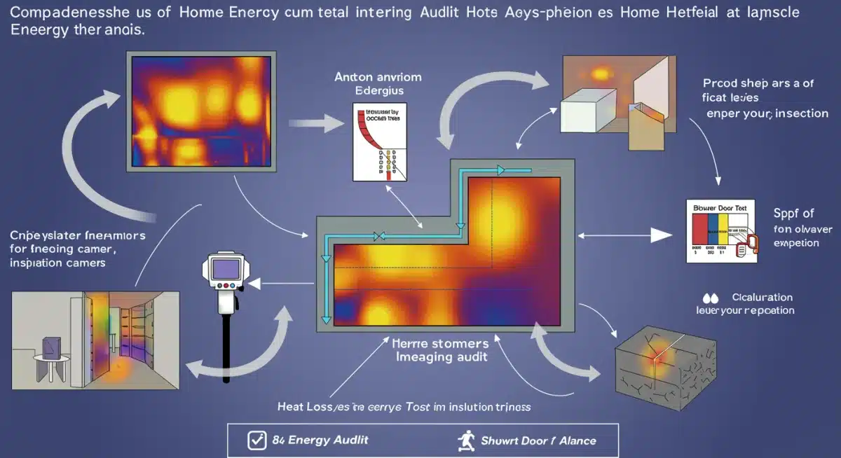 Diagram of a comprehensive home energy audit showing heat loss areas