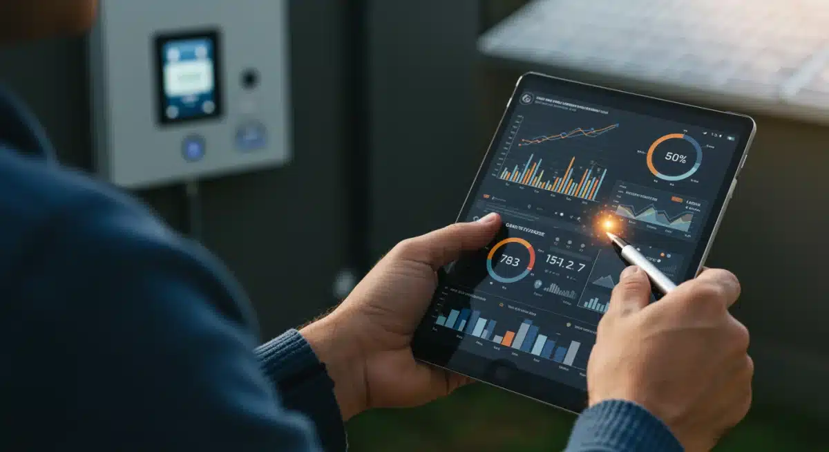 Homeowner analyzing energy data on a tablet, demonstrating smart energy management with home battery storage.