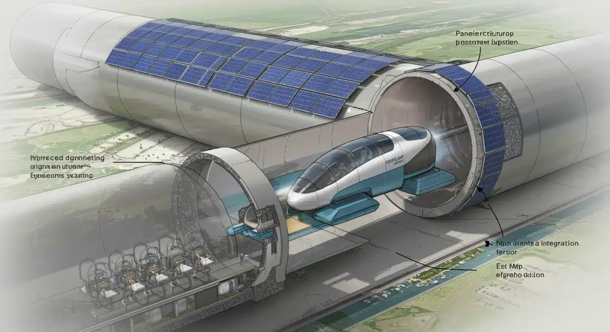 Hyperloop system diagram with levitating pod and solar panel integration.