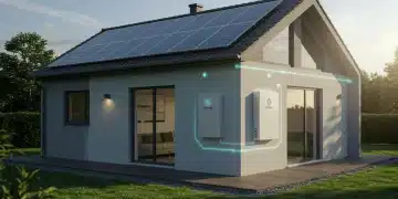 Modern home with solar panels and a visible home battery storage system, illustrating energy independence and financial savings.