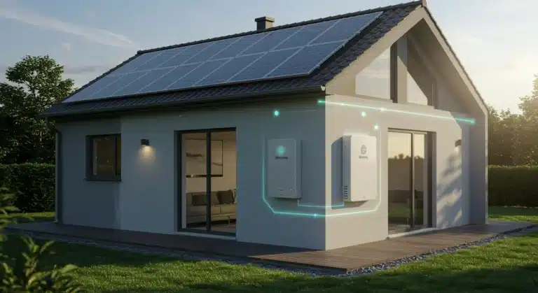 Modern home with solar panels and a visible home battery storage system, illustrating energy independence and financial savings.