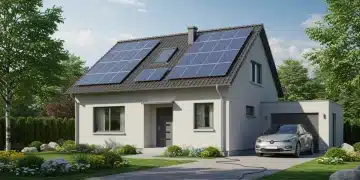 Modern home with solar panels and electric car charging