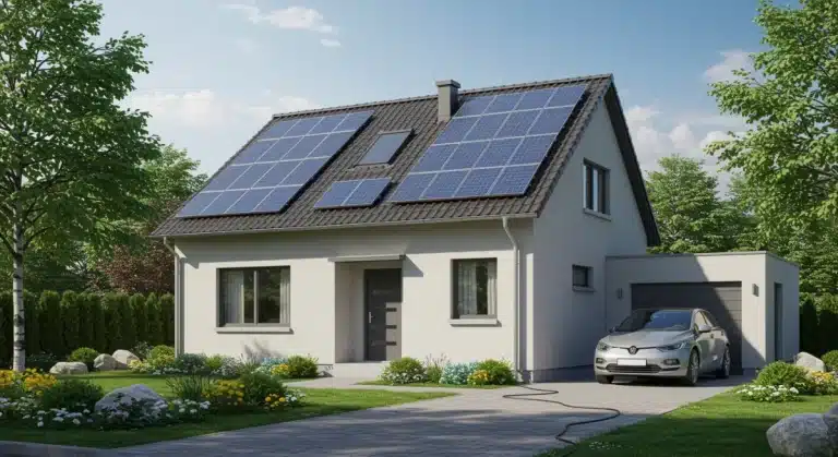 Modern home with solar panels and electric car charging