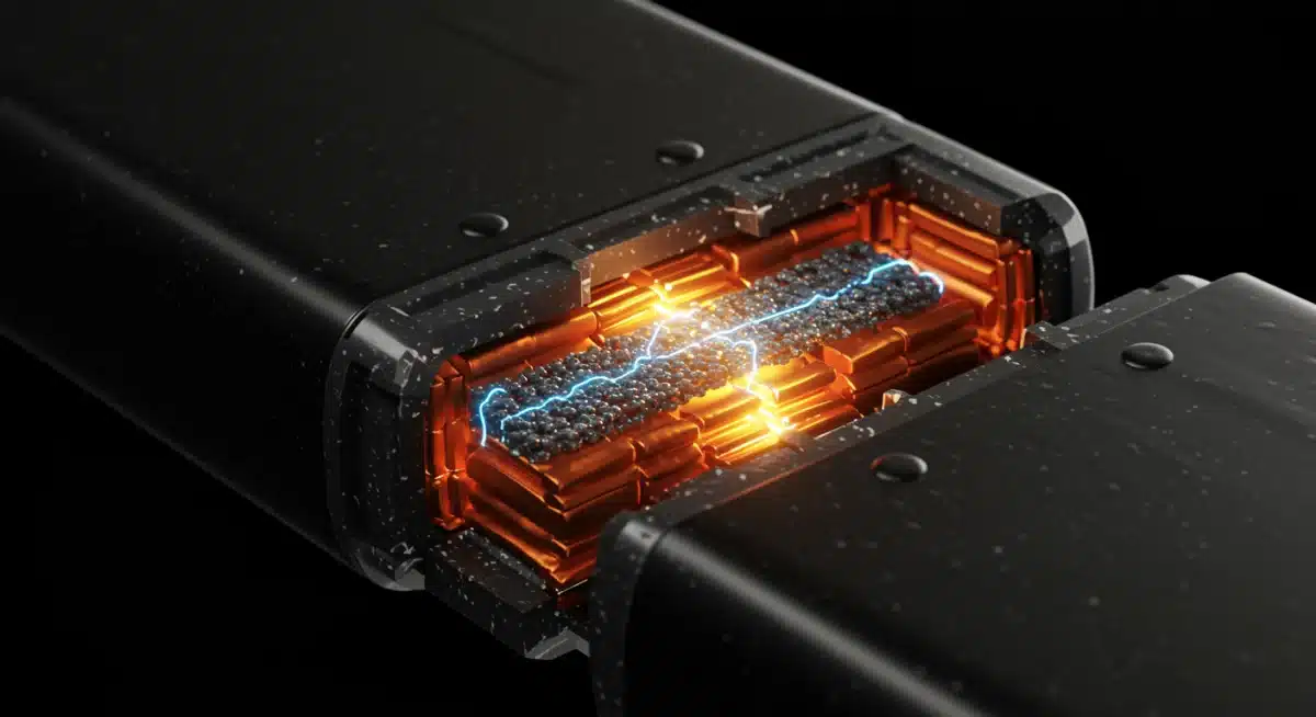 Close-up of a next-generation solid-state battery cell for clean energy storage