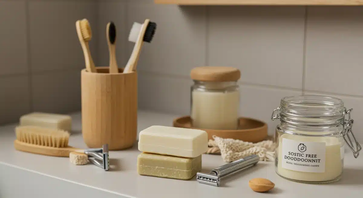 Plastic-free bathroom essentials, bamboo toothbrush, shampoo bar