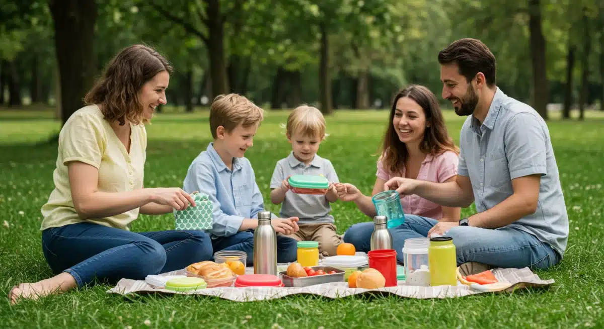 Family picnic with reusable containers, plastic-free lifestyle