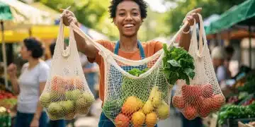 Woman shopping with reusable bags for plastic-free produce