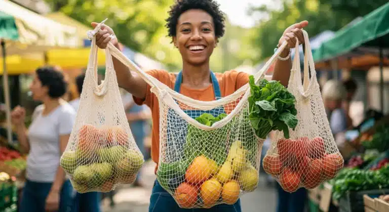 Woman shopping with reusable bags for plastic-free produce