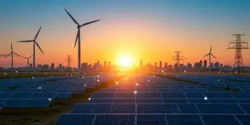 Futuristic renewable energy landscape with solar panels, wind turbines, and modern city, symbolizing growth.