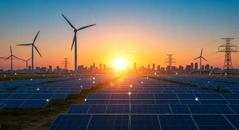 Futuristic renewable energy landscape with solar panels, wind turbines, and modern city, symbolizing growth.