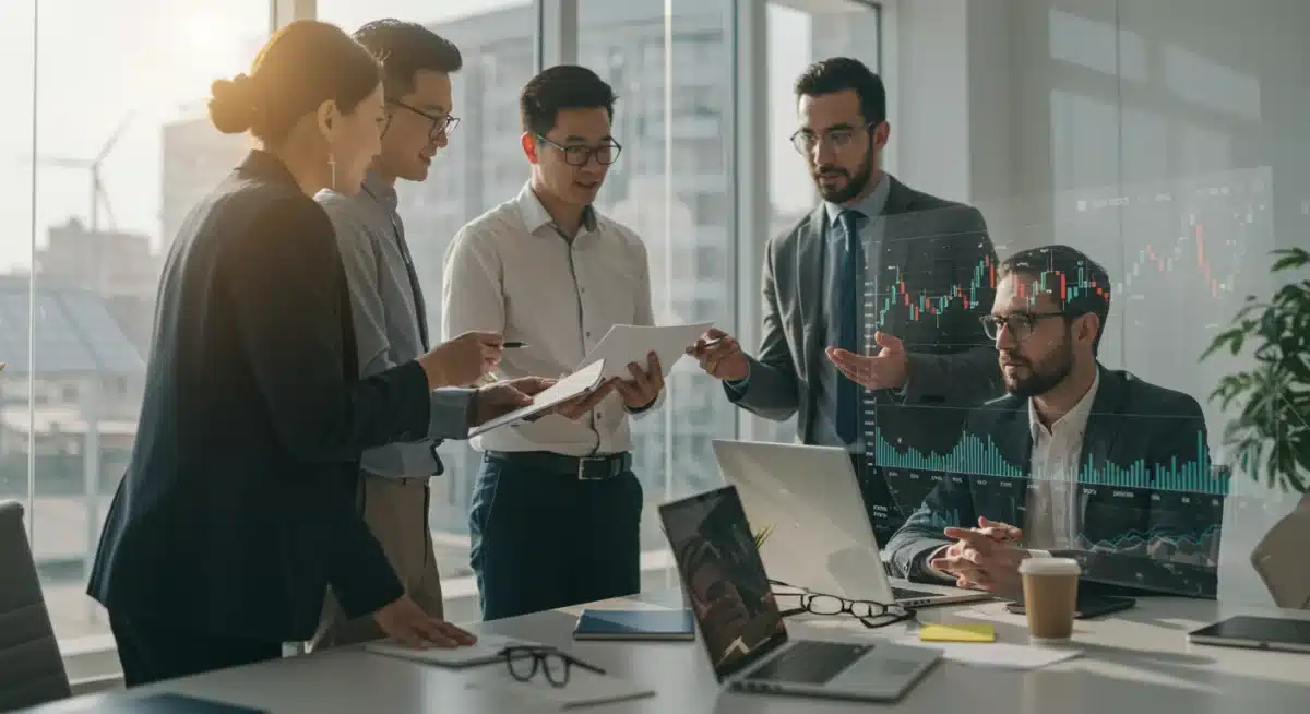 Business professionals discussing renewable energy investment strategies in a modern office.