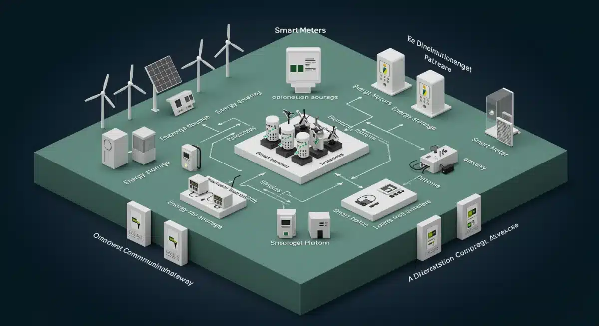 Diagram of a smart grid ecosystem showing interconnected components and intelligent management.