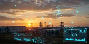 Futuristic energy storage facility integrated with a smart grid, showing data flow and optimization.