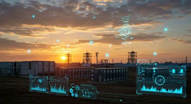 Futuristic energy storage facility integrated with a smart grid, showing data flow and optimization.