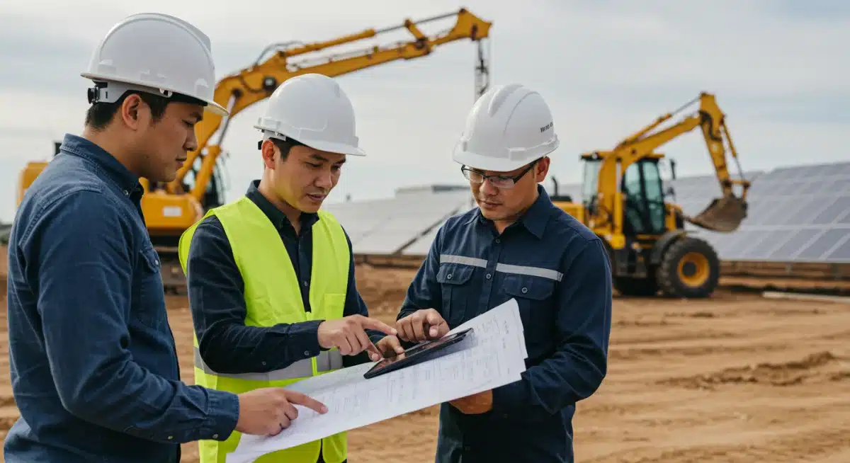 Engineers at a solar power plant construction site reviewing plans, symbolizing job creation and development.