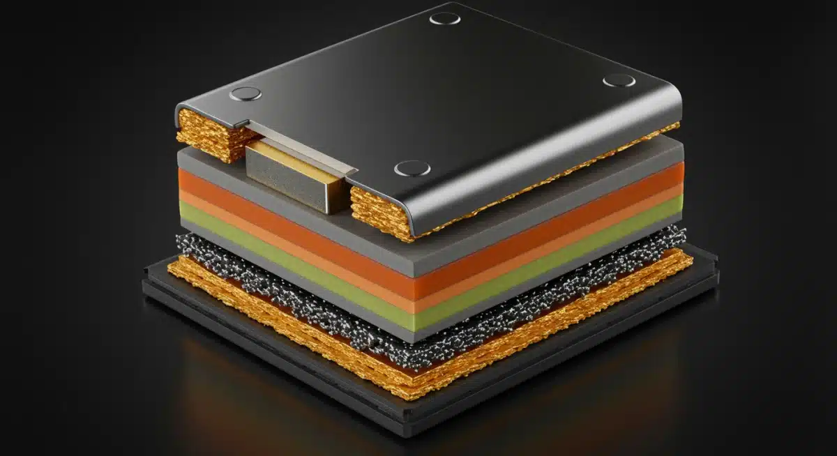Close-up view of a solid-state battery cell with solid electrolyte and layered structure.