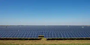 Utility-scale solar farm with numerous solar panels under a bright sky, representing clean energy tax credit impact.