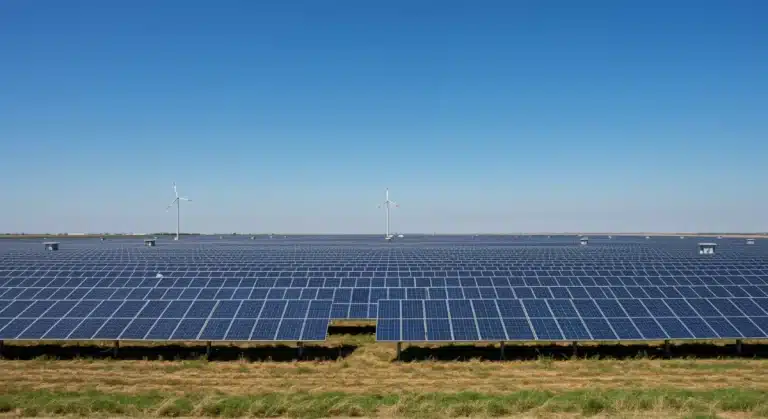 Utility-scale solar farm with numerous solar panels under a bright sky, representing clean energy tax credit impact.