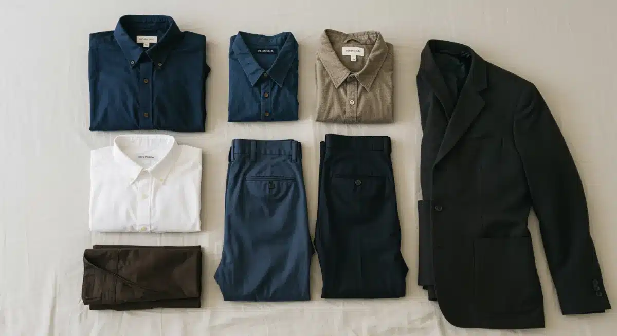 Minimalist capsule wardrobe on a bed, showcasing versatile clothing